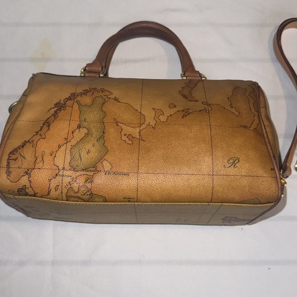 Alviero Martini Vintage Boston Bag Crossbody Purse Map Geo Leather Brown GUC - Picture 6 of 13